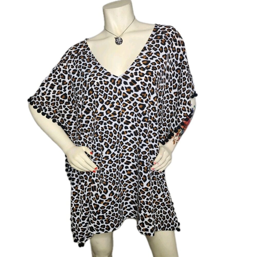 Xhilaration Leopard Cheetah Pom Pom Trim Kaftan Swim Cover Up Batwing Sleeve Med